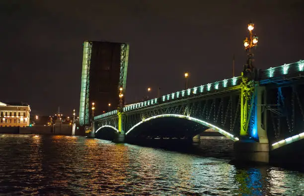 Night view of bridge in Saint-Petersburg city, Russian Federation