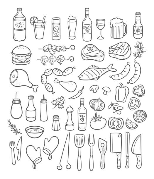 ilustraciones, imágenes clip art, dibujos animados e iconos de stock de mano dibuja elementos de fiesta barbacoa. ilustración de vector. - sausage barbecue grill barbecue cooking