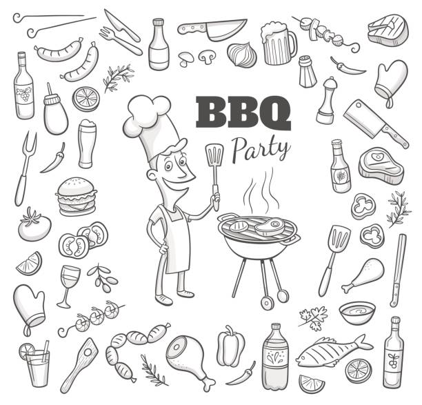 ilustrações, clipart, desenhos animados e ícones de mão-extraídas elementos de festa de churrasco. ilustração em vetor. - food food and drink steak sauces