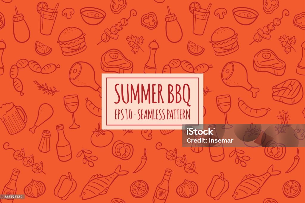 BBQ elements seamless pattern. Vector illustration Seamless pattern with hand drawn doodle BBQ icons set. Vector illustration with summer barbecue elements collection. Cartoon meals, fish, drinks and ingredients on red background. Barbecue - Meal stock vector