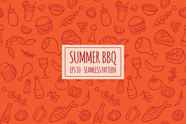 BBQ elements seamless pattern. Vector illustration Seamless pattern with hand drawn doodle BBQ icons set. Vector illustration with summer barbecue elements collection. Cartoon meals, fish, drinks and ingredients on red background. meat patterns stock illustrations