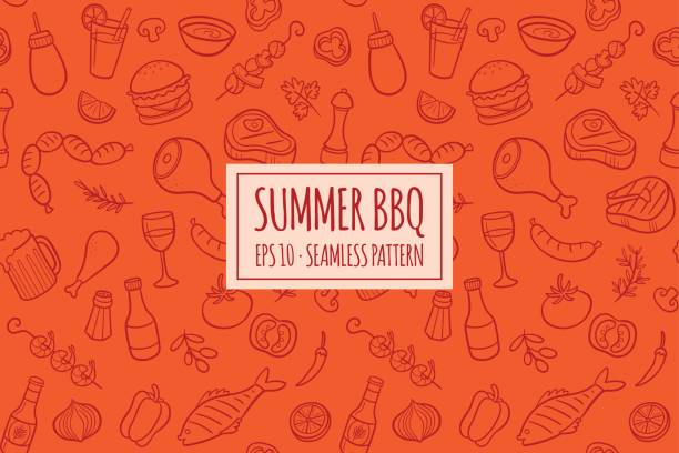 BBQ elements seamless pattern. Vector illustration Seamless pattern with hand drawn doodle BBQ icons set. Vector illustration with summer barbecue elements collection. Cartoon meals, fish, drinks and ingredients on red background. meat cartoon stock illustrations