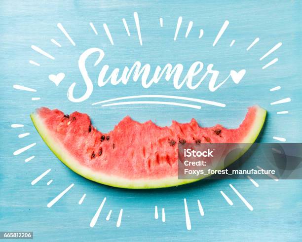 Summer Concept Slice Of Watermelon On Turquoise Blue Background Top View Stock Photo - Download Image Now