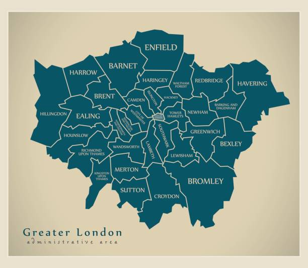 moderne karte - greater london gekennzeichnet bezirke verwaltungsbereich uk - greater london illustrations stock-grafiken, -clipart, -cartoons und -symbole