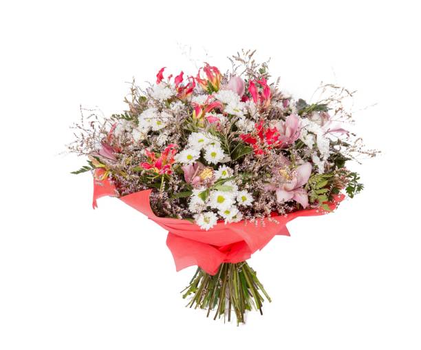 istock Bouquet of flowers top view on white background 665819680