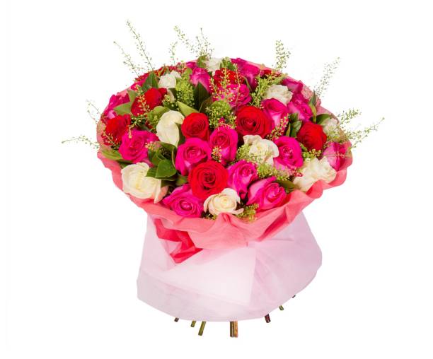 istock Bouquet of flowers top view on white background 665820624