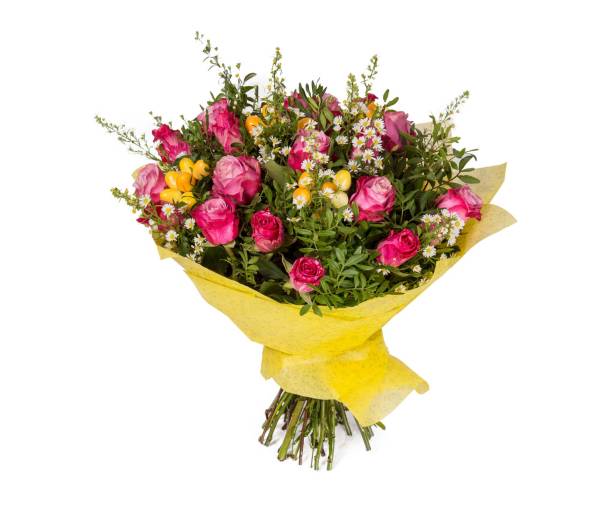 istock Bouquet of flowers top view on white background 665823940