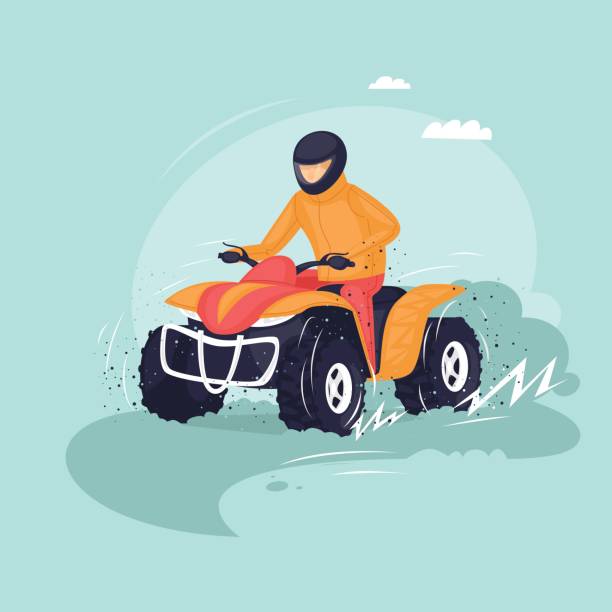 młody mężczyzna jadący quadem. wektorowa ilustracja płaskiej konstrukcji. - off road vehicle quadbike quad racing motocross stock illustrations