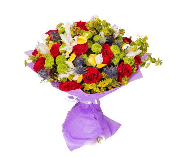 istock Bouquet of flowers top view on white background 665831508