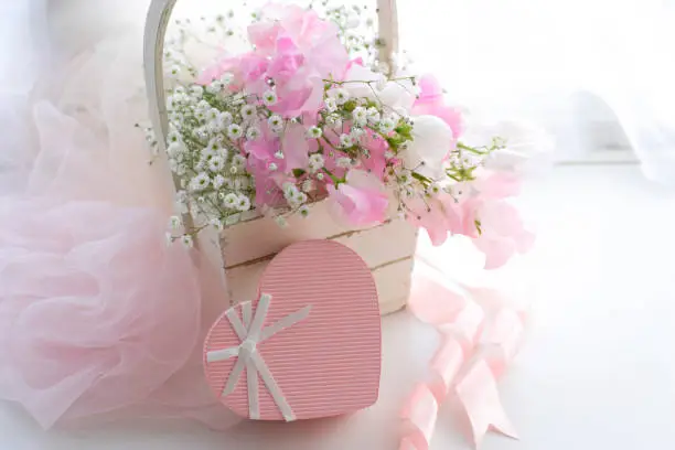 Pink heart and flower basket