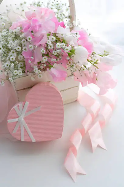 Pink heart and flower basket