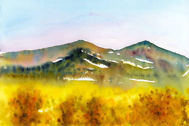 istock watercolor landscape with mountains with yellow field 665851158