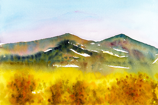 watercolor landscape with mountains with yellow field