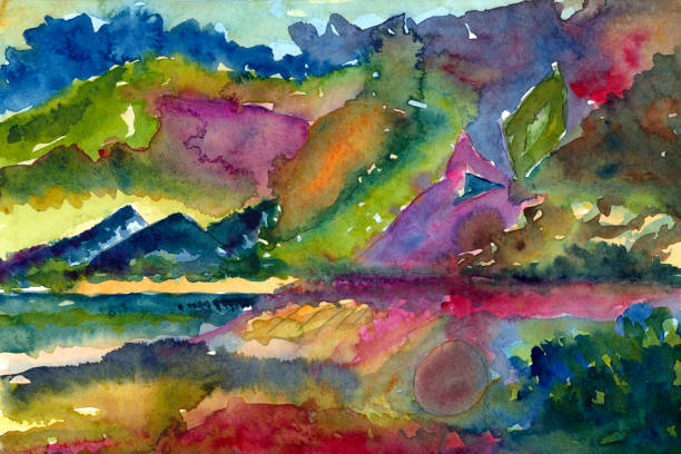 istock watercolor abstract color full landscape with mountains 665851164