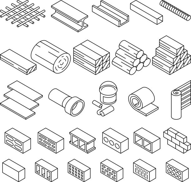 materiały budowlane do naprawy izometrycznych ikon wektorowych - construction construction material work tool group of objects stock illustrations