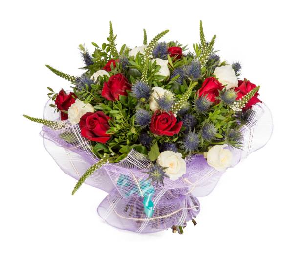 istock Bouquet of flowers top view on white background 665857512