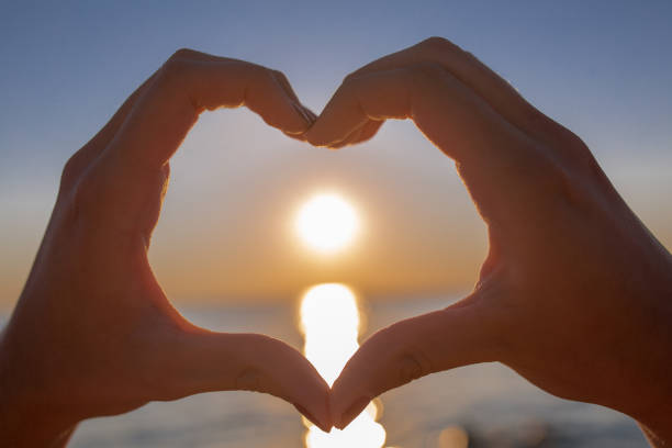 istock Silhouettes hand heart shaped with sunset and sea background 665862362