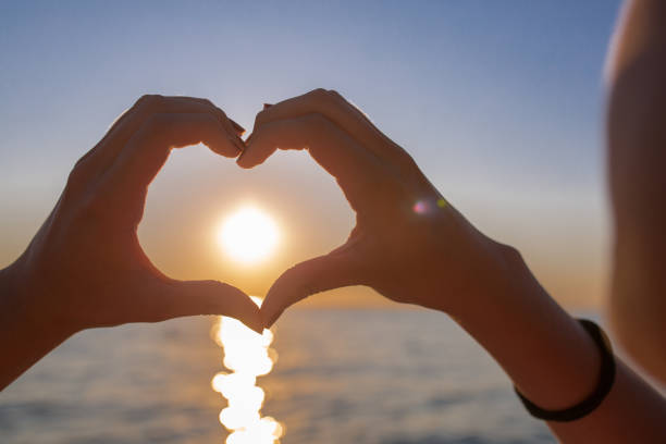 istock Silhouettes hand heart shaped with sunset and sea background 665863438