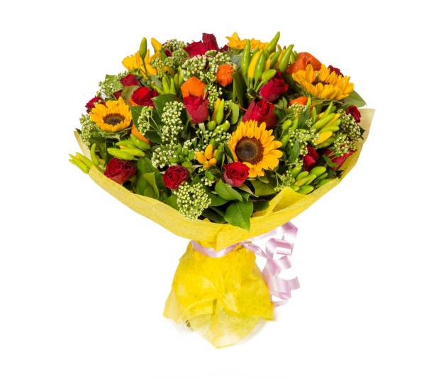 istock Bouquet of flowers top view on white background 665870554