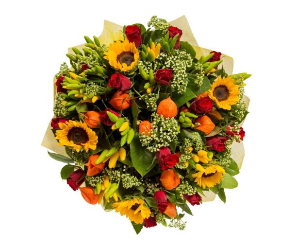 istock Bouquet of flowers top view on white background 665870628