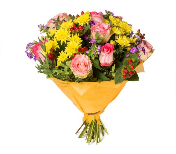 istock Bouquet of flowers top view on white background 665870964