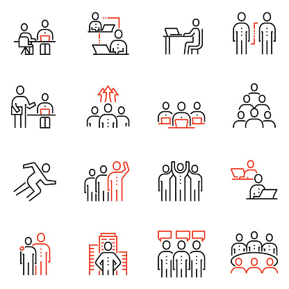Vector set of 16 linear quality icons related to team work, human resources and collaboration. Mono line pictograms and infographics design elements