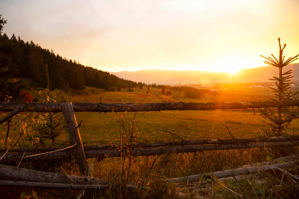 istock Scenic fall sunset over meadow, countryside beautiful sunset 665889058