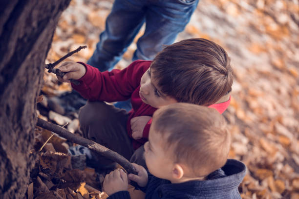 istock Three boys playing with tree branches and leaves the tree in park full of fallen leaves 665889082
