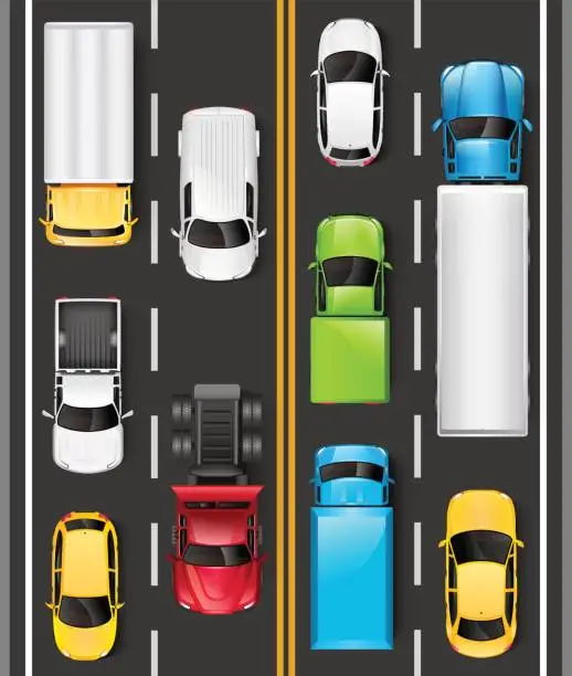Vector illustration of Top view of cars and trucks on the road. Cars are driving on the highway. Traffic on the road. Vector illustration