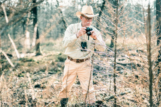 istock Senior tourist wearing hat photographing young tree. 665907200