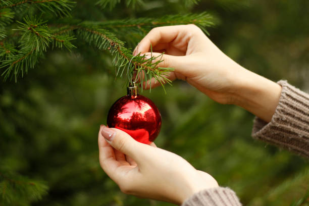 fille accrochée boule de jeu décorative sur la branche de l’arbre de noël. - christmas ball christmas ornament human hand photos et images de collection