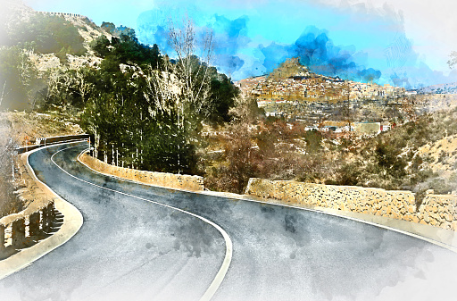 Digital watercolor painting of Morella. Morella is an ancient gothic city located on a hill-top in the province of Castellon, Valencian Community, Spain. Morella is in the heart of the historic region of Meastrazgo, and it is listed as one of the most beautiful towns in Spain
