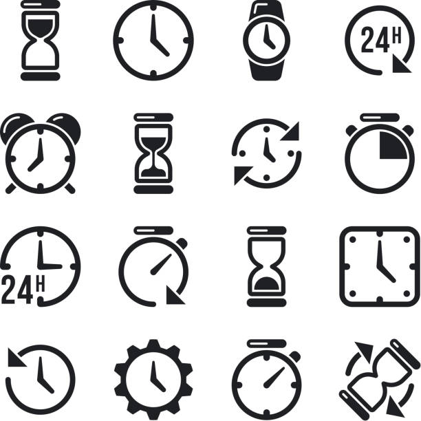 Clock, time, chronometer vector pictograms Clock, time, chronometer vector pictograms. Hourglass and black silhouette clock illustration time silhouettes stock illustrations