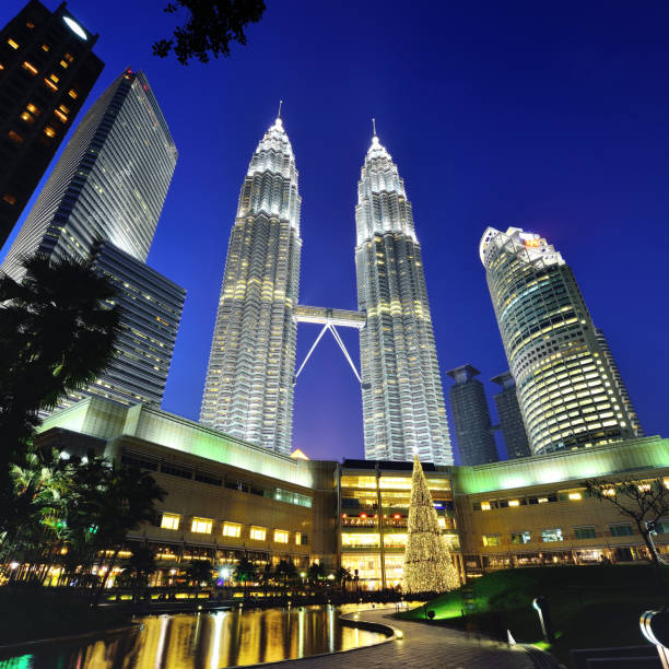Kuala Lumpur cityscape and Petronas Towers at sunset in blue sky background, Malaysia.