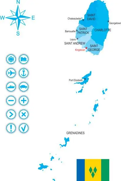 Vector illustration of Map of Saint Vincent and the Grenadines with flag, icons and key