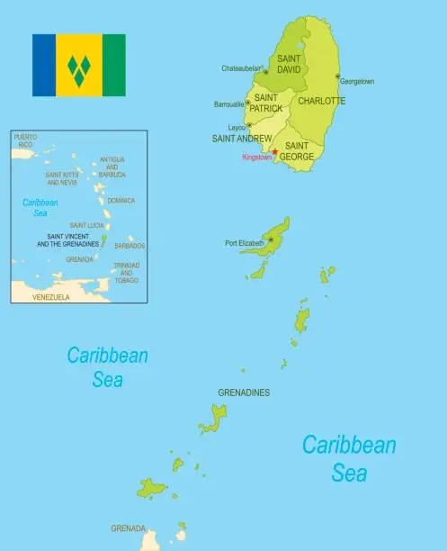 Vector illustration of Flat map of Saint Vincent and the Grenadines with flag