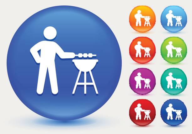 BBQ Icon on Shiny Color Circle Buttons BBQ Icon on Shiny Color Circle Buttons. The icon is positioned on a large blue round button. The button is shiny and has a slight glow and shadow. There are 8 alternate color smaller buttons on the right side of the image. These buttons feature the same vector icon as the large button. The colors include orange, red, purple, maroon, green, and indigo variations. man grilling white background stock illustrations