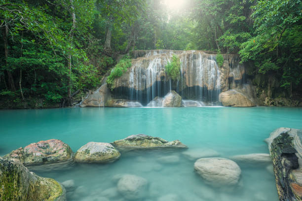 chute d'eau dans la forêt - waterfall tropical rainforest erawan thailand photos et images de collection