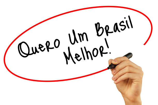 istock Man Hand writing Quero Um Brasil Melhor! with black marker on visual screen. Isolated on background. Business, technology, internet concept. Stock Photo 665985090