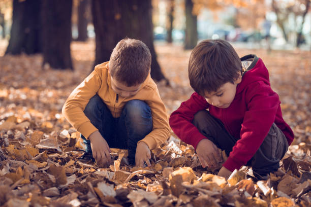 istock Two friends playing with autumn leaves in park 665992188