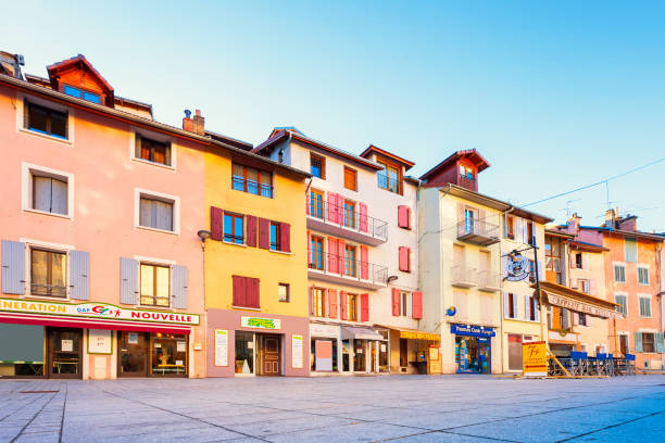 Colroful Houses in downtown Gap France Hautes-Alpes Department Stock photo of store fronts and colorful townhouses in downtown Gap, the capital and largest town of the Hautes-Alpes department of France hautes alpes photos stock pictures, royalty-free photos & images