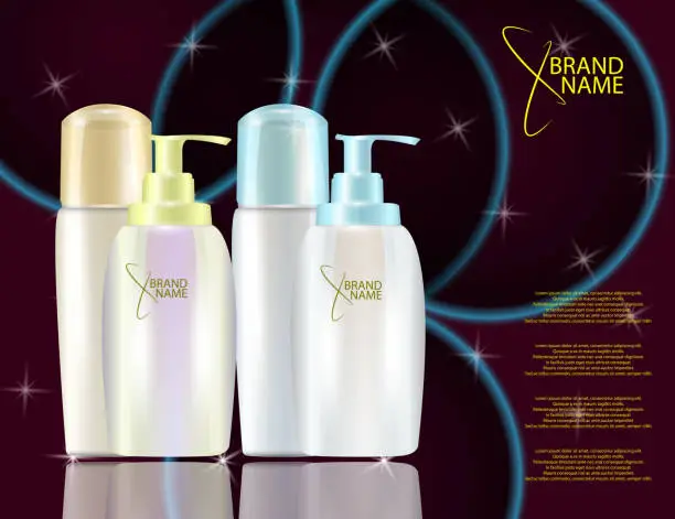 Vector illustration of Glamorous Hair Care Products Packages on the  sparkling effects background
