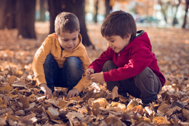 istock Two friends playing with autumn leaves in park 666004708