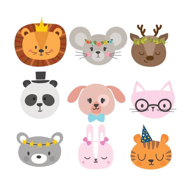 Cute animals with funny accessories. Set of hand drawn smiling characters. Cat, lion, panda, dog, tiger, deer, bunny, mouse and bear. Cartoon zoo Cute animals with funny accessories. Set of hand drawn smiling characters. Cat, lion, panda, dog, tiger, deer, bunny, mouse and bear. Cartoon zoo. Vector illustration baby mice stock illustrations