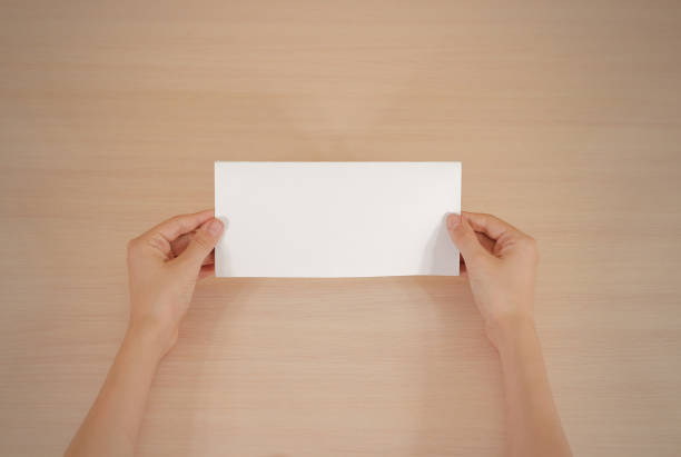 istock Hands holding blank white brochure booklet in the hand. Leaflet presentation. Pamphlet hand man. Show offset paper. Sheet template. Book in hands. Booklet folding design. Fold paper sheet display read 666036370