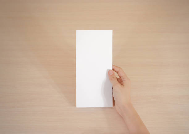 Hands holding blank white brochure booklet in the hand. Leaflet presentation. Pamphlet hand man. Show offset paper. Sheet template. Book in hands. Booklet folding design. Fold paper sheet display read