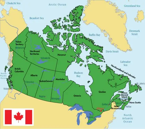 Vector illustration of Canada map with regions and their capitals