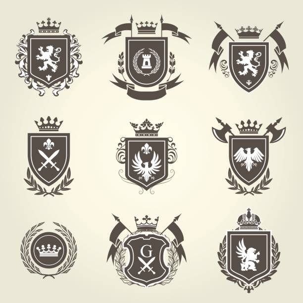 ilustrações, clipart, desenhos animados e ícones de brasão de armas de cavaleiro e escudo heráldico brasões - coat of arms insignia lion nobility