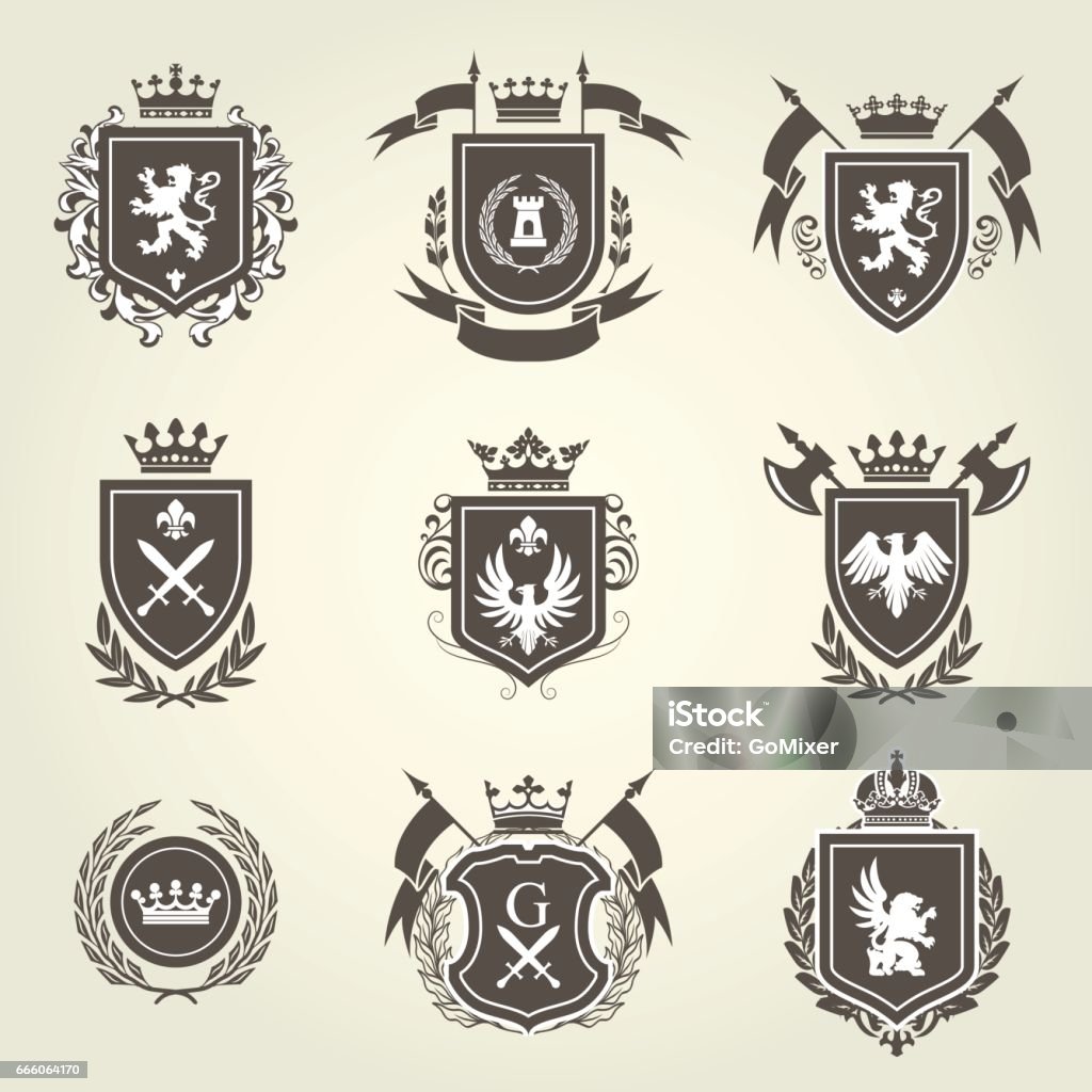Knight coat of arms and heraldic shield blazons Coat Of Arms stock vector