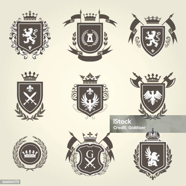 Knight Coat Of Arms And Heraldic Shield Blazons Stock Illustration - Download Image Now - Coat Of Arms, Shield, Sword